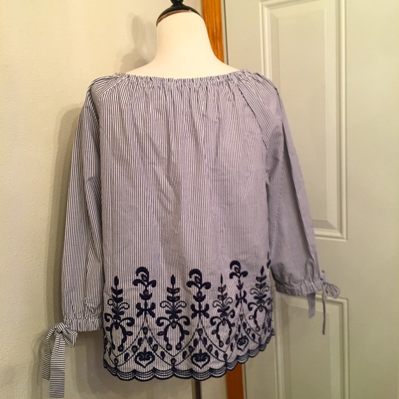 Blue/White Striped summer top with embroidered (S) - Picture 2 of 8